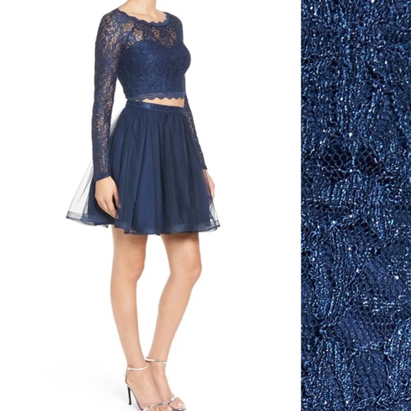 Long Sleeve Lace Two-Piece Skater Dress - Picture 2 of 5